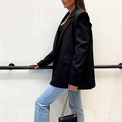 Women's Oversized Gray Padded Shoulder Blazer - Open Front Longline Jacket for Office and Casual