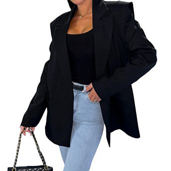 Women's Oversized Gray Padded Shoulder Blazer - Open Front Longline Jacket for Office and Casual