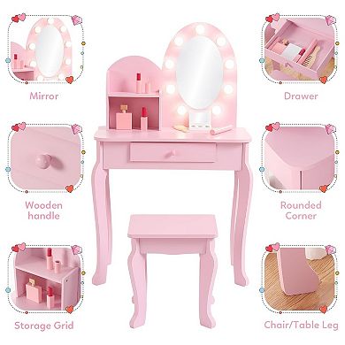 Kids Vanity Table with Lighted Mirror and Stool