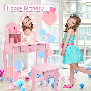 Kids Vanity Table with Lighted Mirror and Stool
