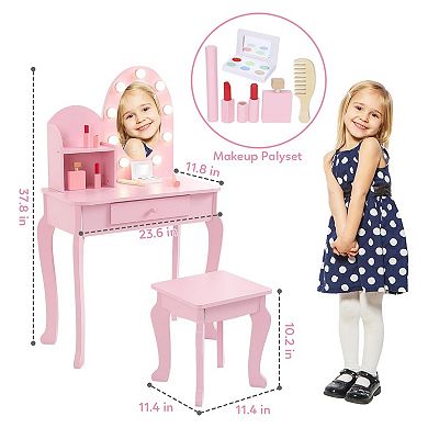 Kids Vanity Table with Lighted Mirror and Stool