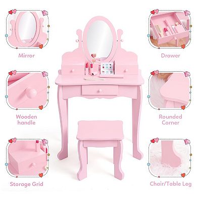 Kids Vanity Table and Stool Playset with Mirror