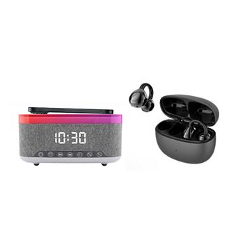 Complete Wireless Audio & Charging Bundle Alarm Clock Radio Speaker with Wireless Charger + Earbud