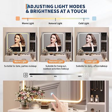 Makeup Vanity Table Set with Mirror, Lights, and Storage