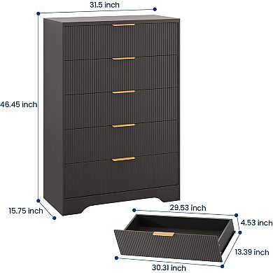 Fluted 5-Drawer Dresser with Gold Handles, 46" Tall Modern Wood Storage