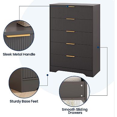 Fluted 5-Drawer Dresser with Gold Handles, 46" Tall Modern Wood Storage