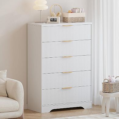Fluted 5-Drawer Dresser with Gold Handles, 46" Tall Modern Wood Storage
