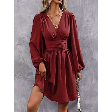 Womens V-neck Lantern Sleeve Long Sleeve Short Dress