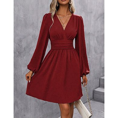 Womens V-neck Lantern Sleeve Long Sleeve Short Dress