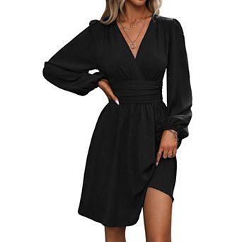 Womens V-neck Lantern Sleeve Long Sleeve Short Dress