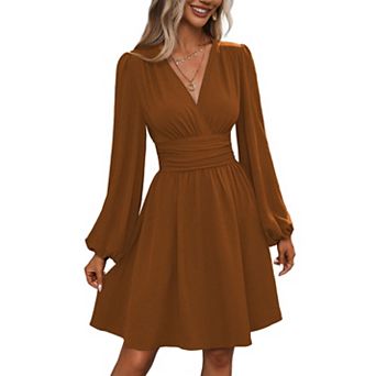 Womens V-neck Lantern Sleeve Long Sleeve Short Dress
