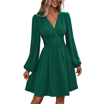 Womens V-neck Lantern Sleeve Long Sleeve Short Dress