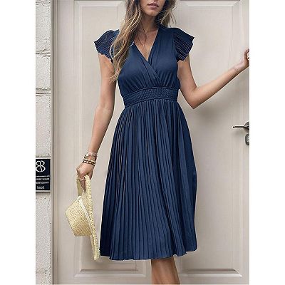 loose fitting dress for wedding guest Hueook Fall Wedding Guest Dresses Women's Round Neck Short Sleeved Pleated  Solid Linen Loose Fitting Dress Army Green 4X