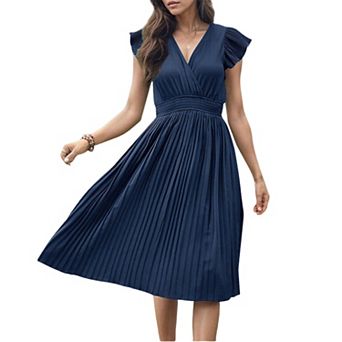 Women's V-Neck Loose Fit Maxi Dress with Flutter Sleeves A-Line Pleated Casual Wedding Guest Dress