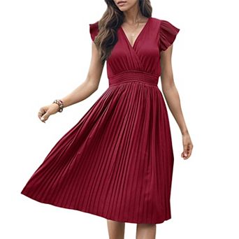 Women's V-Neck Loose Fit Maxi Dress with Flutter Sleeves A-Line Pleated Casual Wedding Guest Dress