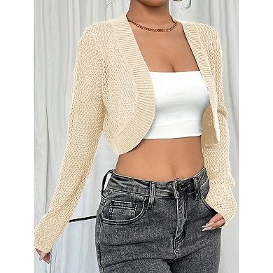 Women Hollow Out Cropped Cardigan Long Sleeve Knit Top