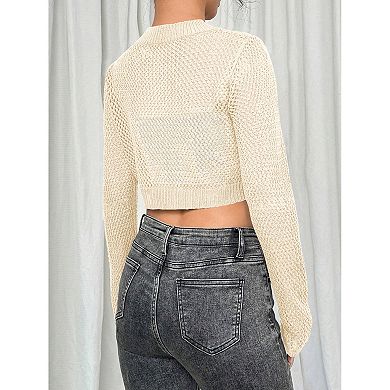 Women Hollow Out Cropped Cardigan Long Sleeve Knit Top