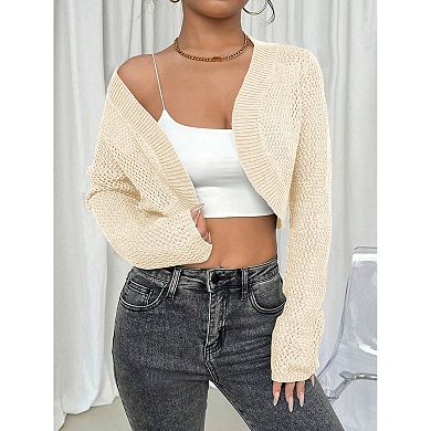 Women Hollow Out Cropped Cardigan Long Sleeve Knit Top