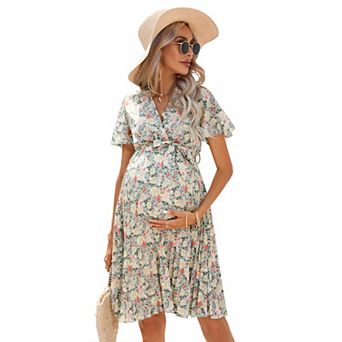 Women Maternity Tie Waist Floral Loose Dress