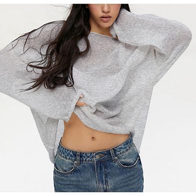 Women's Loose fit Sheer Cape Shawl Crocheted Batwing Sleeve Flowy Top Round Neck Pullover