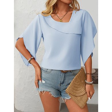 Women's Casual Petal Sleeve Top Asymmetrical Square Neck Flared Sleeve Shirt