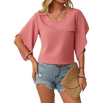 Women's Casual Petal Sleeve Top Asymmetrical Square Neck Flared Sleeve Shirt