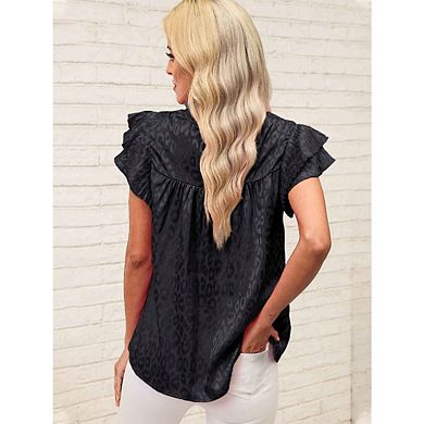 Women's Casual Printed Ruffled Sleeve Blouse Short-Sleeve Wavy Collar Slim Fit Top