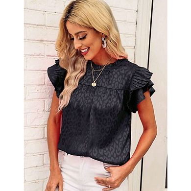 Women's Casual Printed Ruffled Sleeve Blouse Short-Sleeve Wavy Collar Slim Fit Top