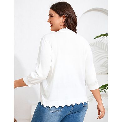Plus Size Cardigan for Women 3/4 Sleeve Lightweight Casual Wave Edges Knit Top