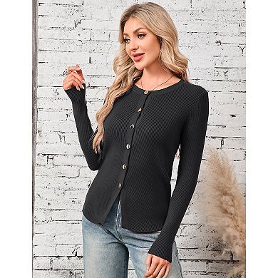 Women Slim Fit Cardigan Long Sleeve Round Neck Button Up Knit Top
