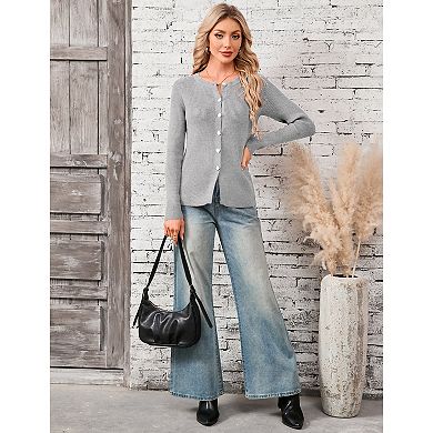 Women Slim Fit Cardigan Long Sleeve Round Neck Button Up Knit Top