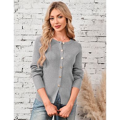 Women Slim Fit Cardigan Long Sleeve Round Neck Button Up Knit Top