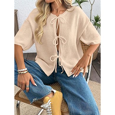 Women Tie Front Short Sleeve Knit Cardigan Top