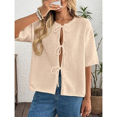 Women Tie Front Short Sleeve Knit Cardigan Top