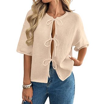 Women Tie Front Short Sleeve Knit Cardigan Top