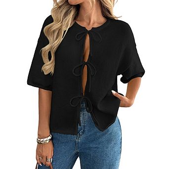 Women Tie Front Short Sleeve Knit Cardigan Top