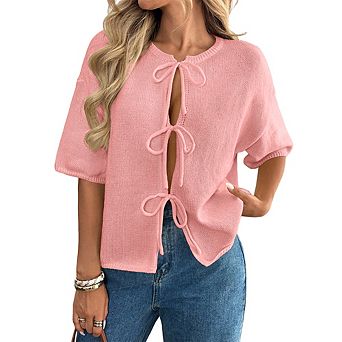 Women Tie Front Short Sleeve Knit Cardigan Top