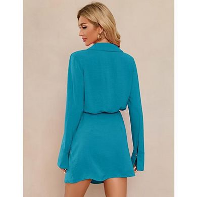 Women's Long Sleeve V Neck Mini Wrap Dress Belted Split Business Casual Work Dress