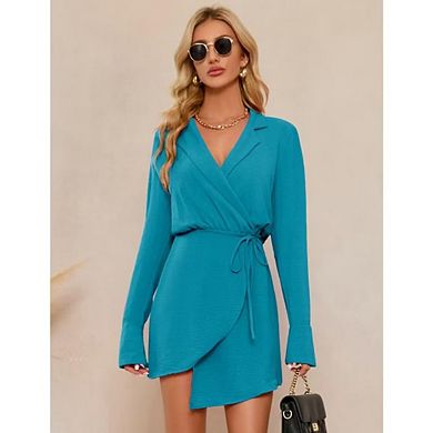 Women's Long Sleeve V Neck Mini Wrap Dress Belted Split Business Casual Work Dress