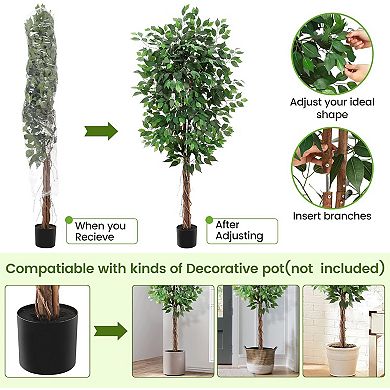 2Pcs Artificial Ficus Tree, Realistic Faux Silk Plant for Home Decor