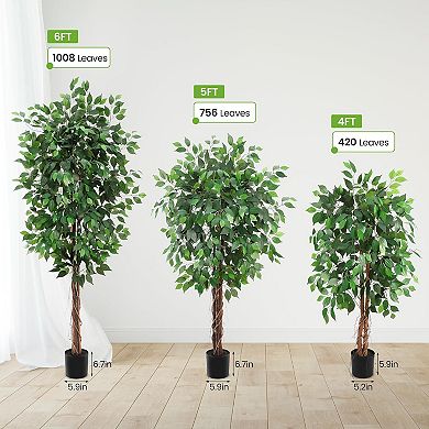2Pcs Artificial Ficus Tree, Realistic Faux Silk Plant for Home Decor