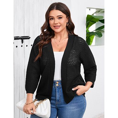 Plus Size 3/4 Sleeve Cardigan for Women Lightweight Hollow Out Knitted Top