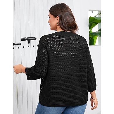 Plus Size 3/4 Sleeve Cardigan for Women Lightweight Hollow Out Knitted Top