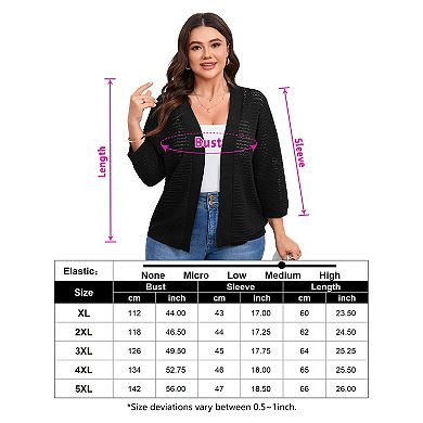 Plus Size 3/4 Sleeve Cardigan for Women Lightweight Hollow Out Knitted Top