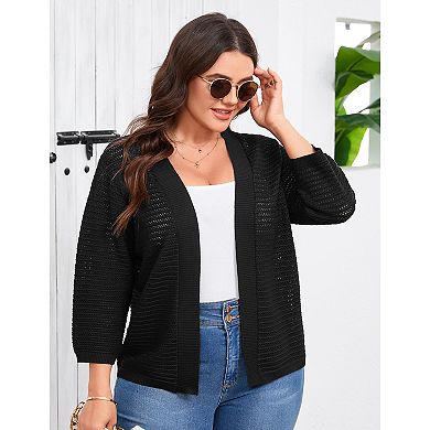 Plus Size 3/4 Sleeve Cardigan for Women Lightweight Hollow Out Knitted Top