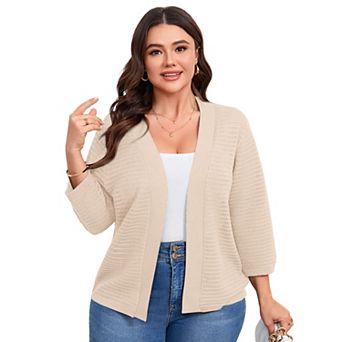 Plus Size 3/4 Sleeve Cardigan for Women Lightweight Hollow Out Knitted Top