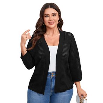 Plus Size 3/4 Sleeve Cardigan for Women Lightweight Hollow Out Knitted Top
