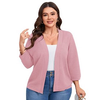 Plus Size 3/4 Sleeve Cardigan for Women Lightweight Hollow Out Knitted Top