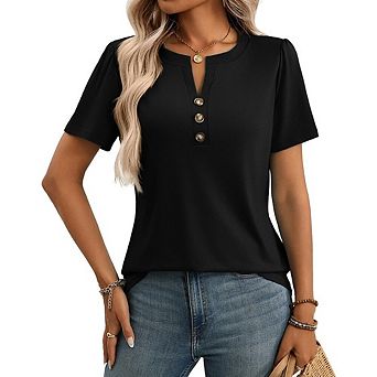 Womens Casual V Neck Short Sleeve Henley Tops Dressy Summer Work Office Trendy Tee Shirts