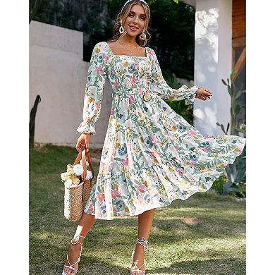 Women Square Neck Floral Dress Long Sleeve Boho Wedding Guest Dresses